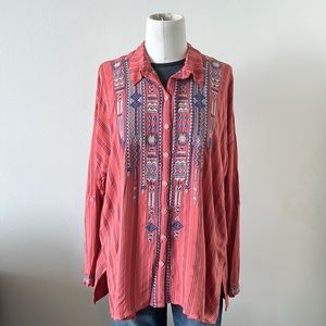NWT Johnny Was oversized embroidered and striped shirt.